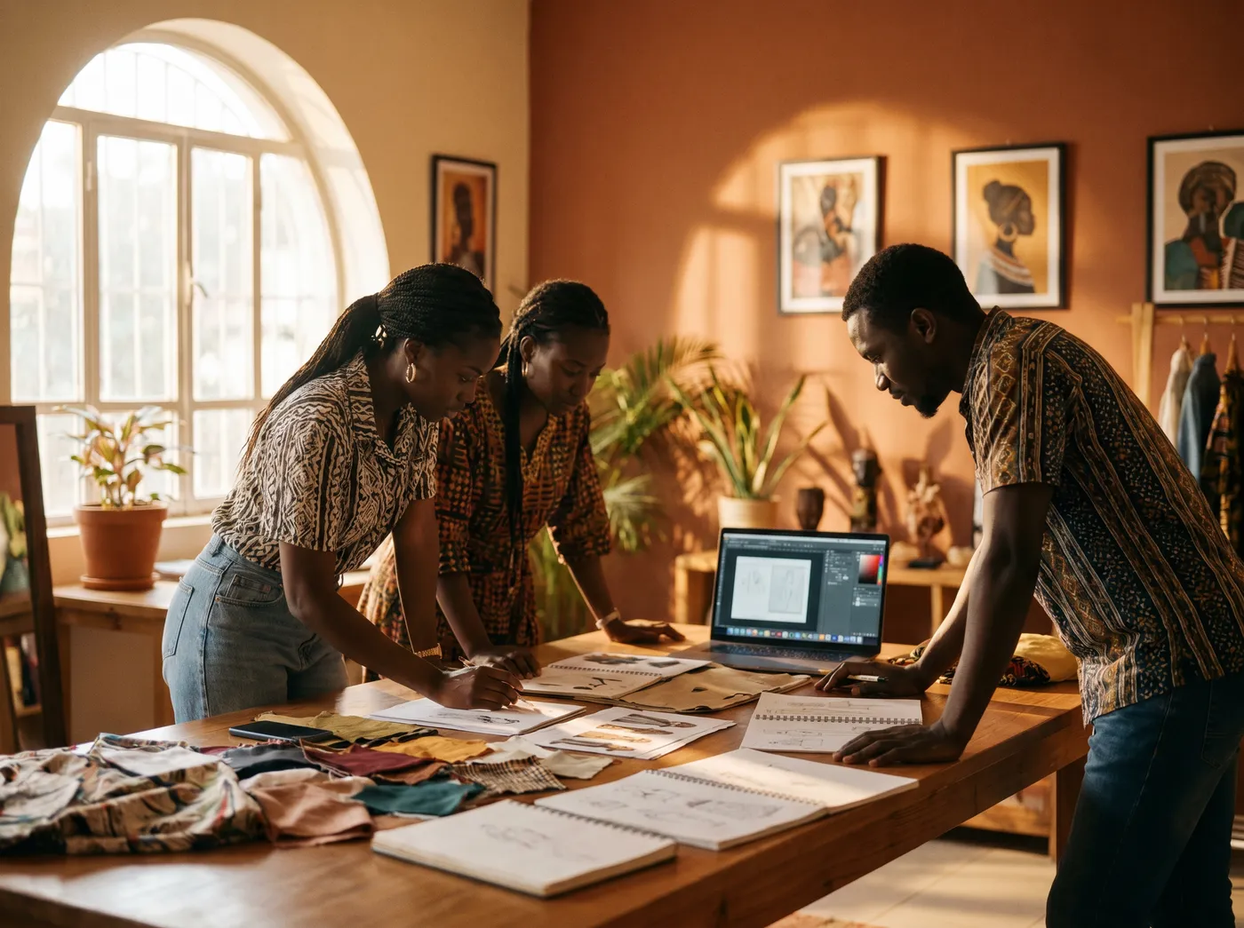 Créatifs de l'industrie africaine francophone au travail sur une identité de marque : croquis, tissus, moodboards