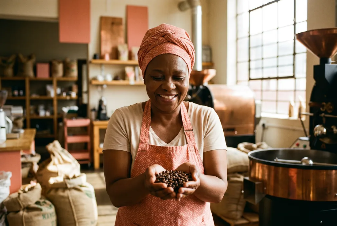 Artisan torréfacteur d'une marque créative africaine, gros plan sur les grains fraîchement torréfiés